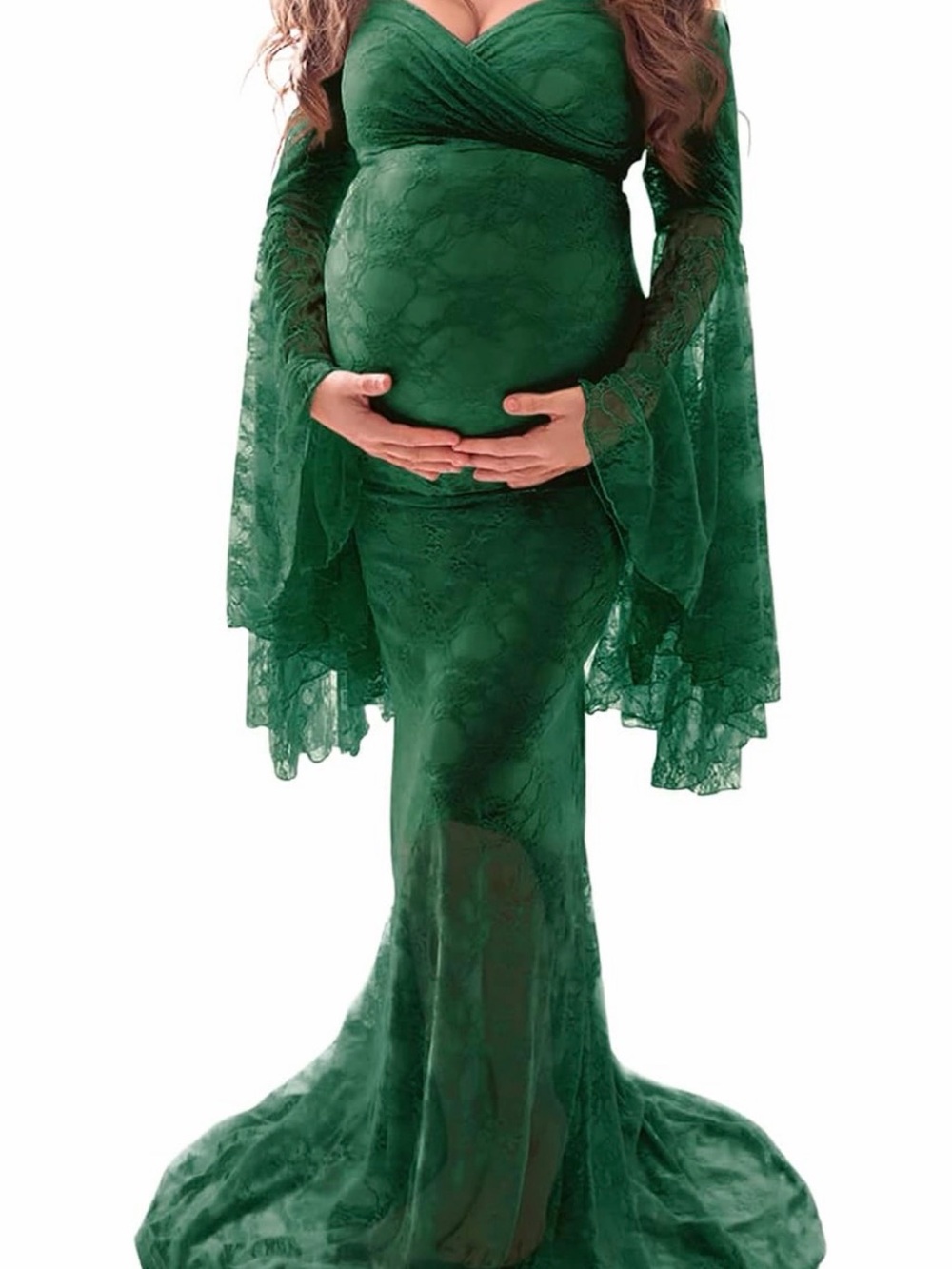 Green Lace Maternity Gown with Bell Sleeves